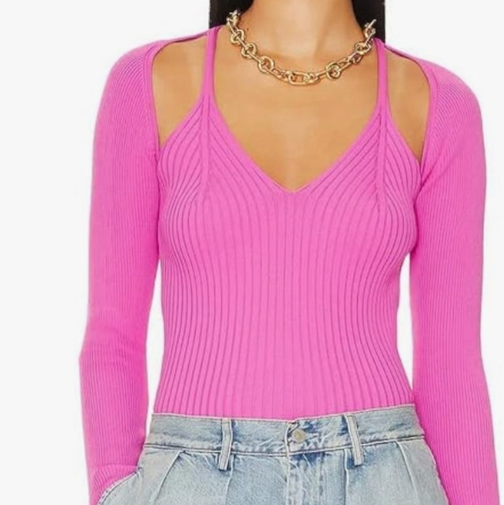 ASTR The Label Estepania Hot Pink Cut Out Shoulder Stretch Sweater